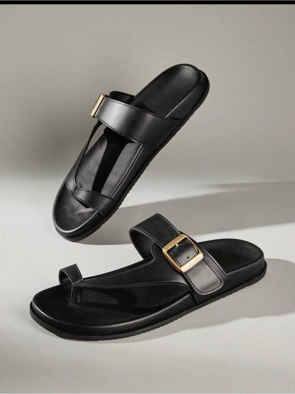 Black Leather Buckle Toe-Loop Slide Sandals - Women's